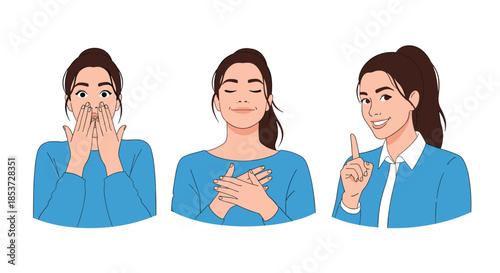 Young woman showing different emotional expressions including surprise and gratitude while gesturing and pointing with a smile.