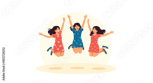 Three happy young women jumping high in the air with arms raised in celebration of success and pure happiness together.