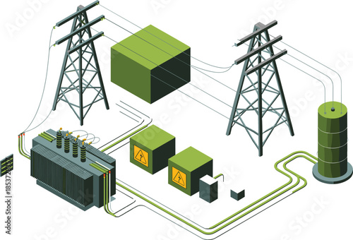 Isometric electrical power distribution system illustration, transformers substations transmission towers and control units, smart grid infrastructure, energy flow concept