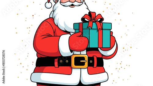 Santa Claus holding a Christmas present with a bow, wearing a red suit with a white beard and a hat