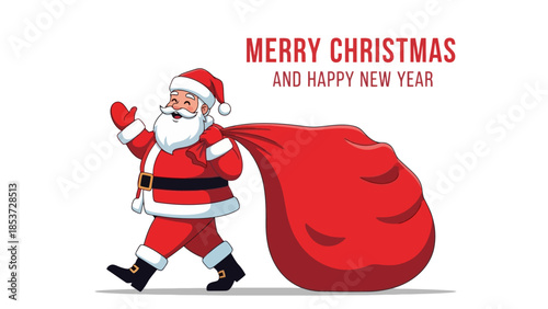 Festive Santa Claus with a Big Red Sack, Spreading Holiday Cheer and Wishing Merry Christmas and Happy New Year