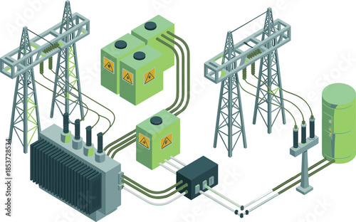 Isometric electrical power distribution system illustration, transformers substations transmission towers and control units, smart grid infrastructure, energy flow concept