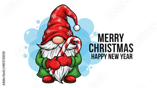 Festive Christmas Gnome with Candy Cane Illustration