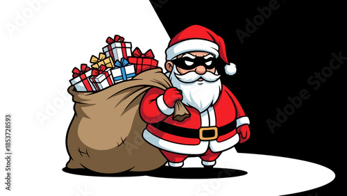 Illustration of Santa Claus with a sack full of Christmas gifts with a black and white background