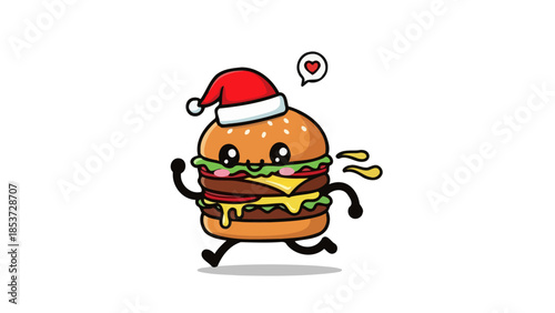 A cheerful cartoon burger wearing a Santa hat runs with excitement, heart floating above