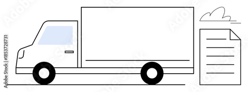 Logistics, transportation, document delivery, supply chain, minimalist art, shipping. Simple outline of a truck moving a document with clouds in the background. Logistics and transportation concept