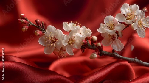 Beautiful pink cherry blossom branches and red rose petals bloom in a macro nature closeup featuring floral spring beauty isolated on white and red backgrounds