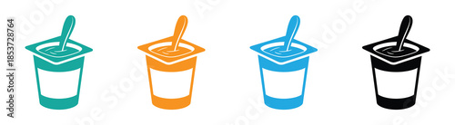 Yogurt container with a spoon icons set in flat style. Colorful yogurt cups with spoons on white background. 