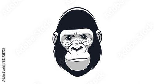 Strong gorilla face illustration in black and white tones capturing the powerful features of a wild mountain primate species.