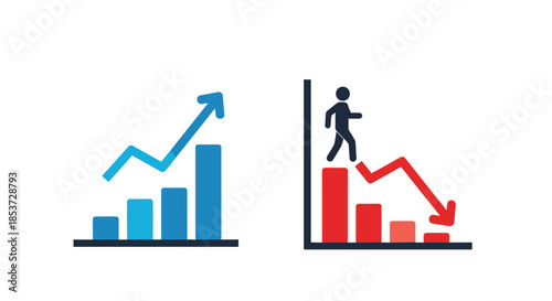 Comparison of business performance showing an upward growth trend and a downward decline with a person walking on bars.