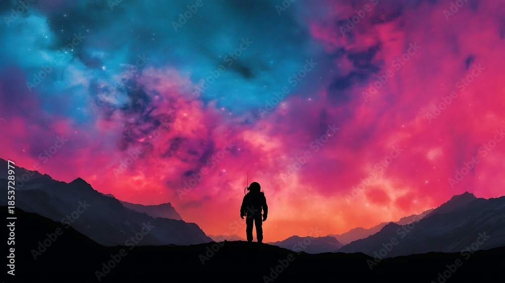 Obraz premium A silhouette of an astronaut stands against a vibrant cosmic backdrop, featuring swirling colors of pink, blue, and purple amidst mountain silhouettes.