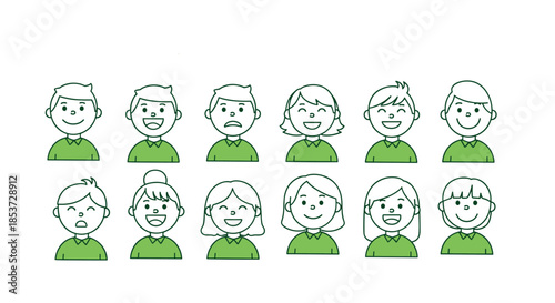 Collection of twelve diverse children's face icons showing various emotions like happiness, sadness, and surprise in green circles.