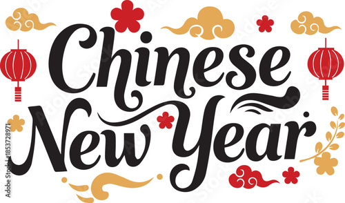 Chinese new year greeting with traditional red dragons, lanterns, and golden clouds Vector, illustration