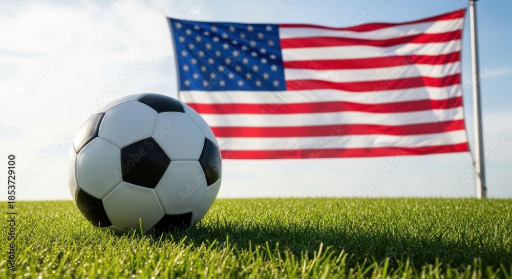 Naklejka premium Classic soccer ball rests on green grass with american flag waving in the background