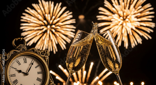 Two champagne glass toasting, with clock and fireworks in background, celebrating a festive event, symbolizing joyous occasion, countdown and new year