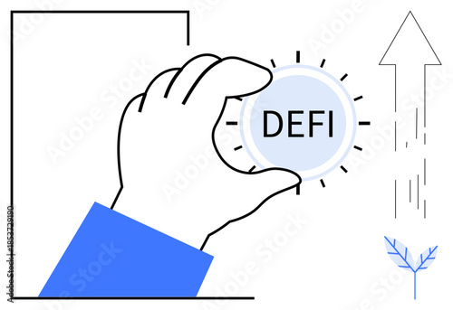 Financial innovation, decentralized finance, blockchain technology, economic growth, fintech evolution, future of money. Hand holding a DeFi coin with an arrow and plant growth. Decentralized finance