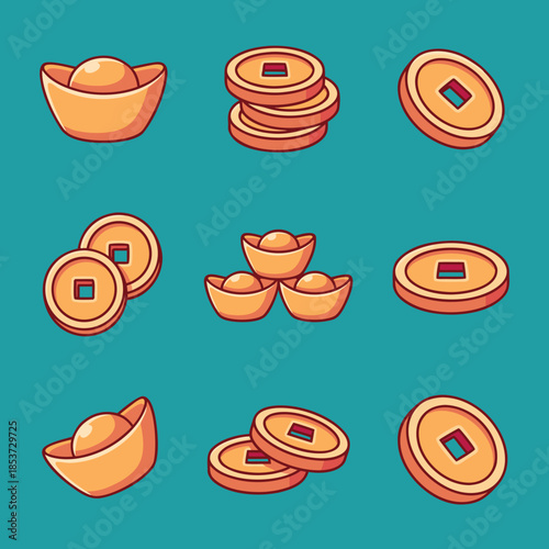Set of Chinese gold ingots and coins for good luck and prosperity.