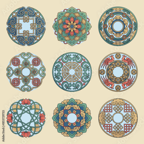 Set of nine colorful traditional Chinese circular patterns with intricate designs and cultural motifs.