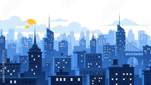 A stylized blue cityscape with numerous buildings and a yellow sun in a cloudy sky, featuring a modern flat design.