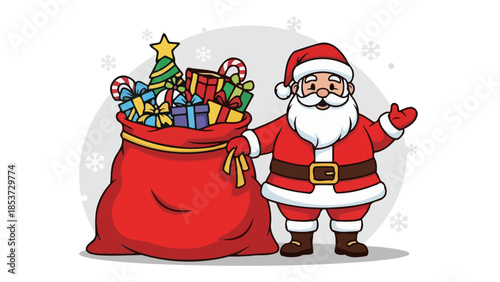 Santa Claus stands next to a large red sack filled with Christmas gifts and treats.