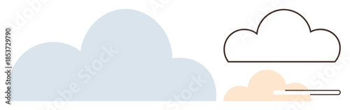 Blue, black-outlined, and orange minimal cloud designs with varied style. Ideal for weather, data storage, networking, technology, creativity, virtual interaction simple flat metaphor