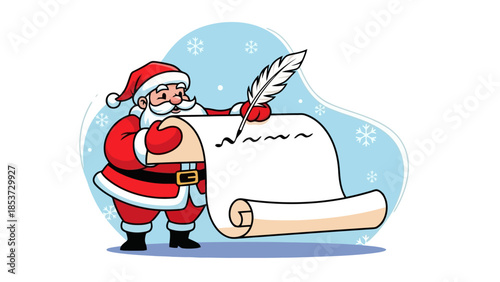 Santa Claus is writing a list with a quill pen on a large scroll with snowflakes in the background.