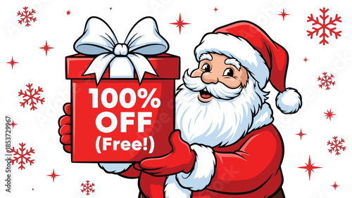 Santa Claus holding a red gift box with "100% OFF (Free!)" text, surrounded by snowflakes and stars.