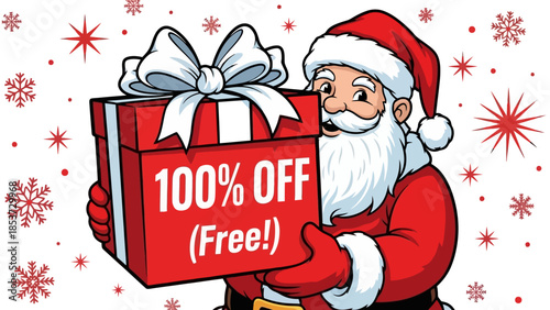 Santa Claus holding a red gift box with "100% OFF (Free!)" written on it, surrounded by snowflakes and festive decorations.