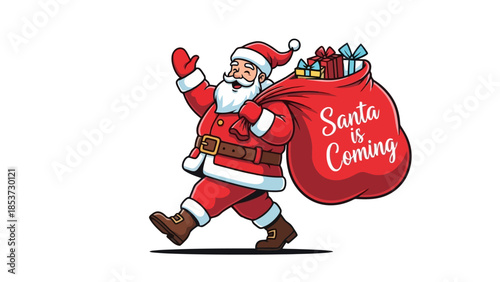 A cheerful cartoon illustration of Santa Claus walking with a large red sack full of gifts on his back.