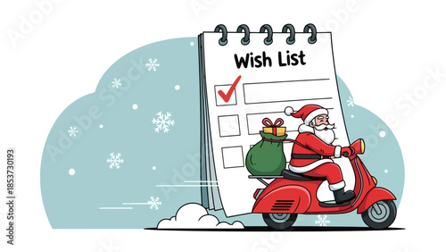 Santa Claus riding a red scooter with a sack of gifts, delivering Christmas wishes on a snowy day.