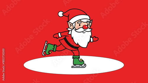 A cartoon illustration of Santa Claus dressed as an elf, ice skating on a white oval surface against a red background.