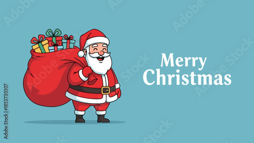 A cheerful cartoon illustration of Santa Claus carrying a large red sack full of presents, with the words "Merry Christmas" written on a blue background.