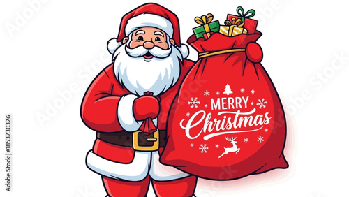A cheerful cartoon illustration of Santa Claus holding a large red sack filled with Christmas presents.