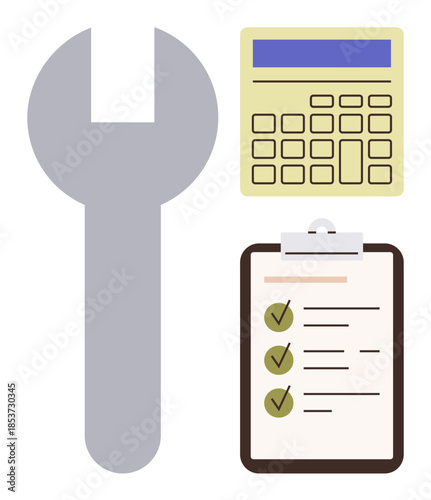 Wrench, calculator, and checklist representing tools for planning, problem-solving, and project management. Ideal for repair, productivity, organization, accounting strategy and efficiency concepts