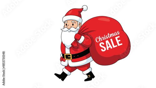 Santa Claus carrying a large red sack with "Christmas SALE" written on it, symbolizing holiday shopping and discounts.