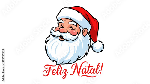 A cheerful illustration of Santa Claus's head with a red hat and a white beard, wishing 'Feliz Natal!'.