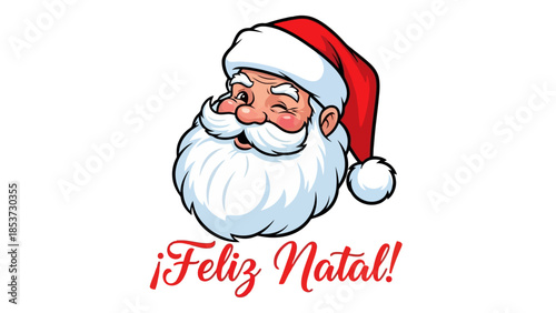 A festive illustration of Santa Claus winking and wishing a Merry Christmas in Portuguese.