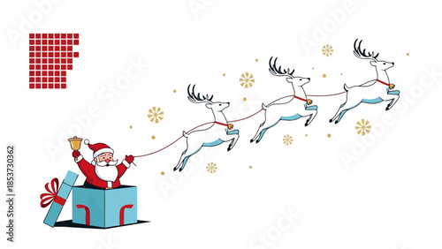Santa Claus emerging from a gift box, ringing a bell, and being pulled by reindeer through a snowy sky.