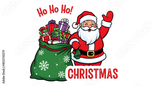Santa Claus with a sack full of presents saying Ho Ho Ho!.