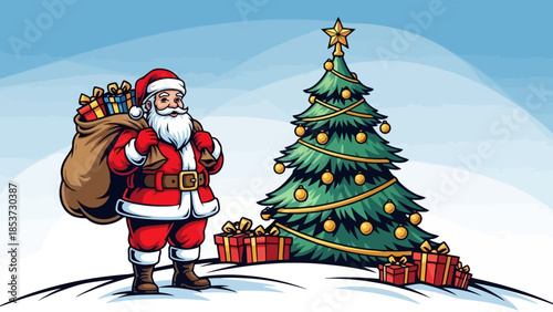 Santa Claus standing next to a decorated Christmas tree with a sack full of presents.