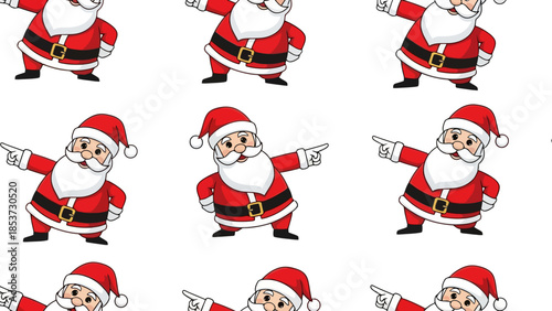 A repeating pattern of cartoon Santa Claus figures pointing to the right, set against a white background.