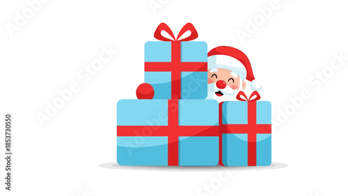 Santa Claus peeking from behind a stack of blue Christmas presents tied with red ribbons.
