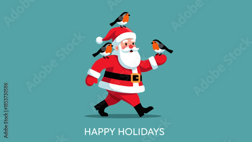Santa Claus walking with three robins perched on his hat and arm.
