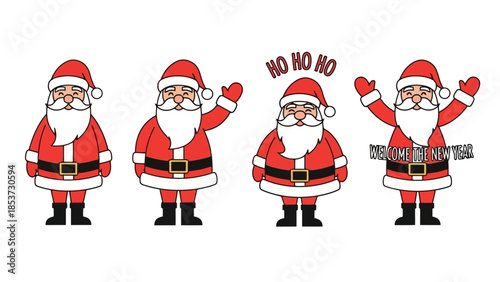 Four cartoon illustrations of Santa Claus in different poses, including waving and with a "HO HO HO" speech bubble.
