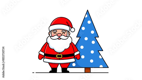 A Charming Flat Vector Illustration of Santa Claus Standing Proudly Next to a Blue Christmas Tree with White Polka Dots, Evoking Holiday Cheer