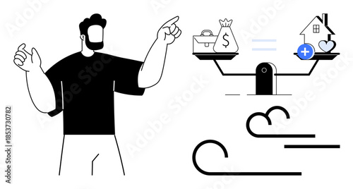 Financial choices concept. Scales balancing wealth and wellbeing financial planning and priorities. Financial choices highlight balance in life values and investments. For economy, personal finance