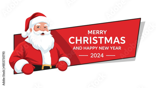 Cheerful Santa Claus Wishing Merry Christmas and Happy New Year 2024 in Vector Illustration