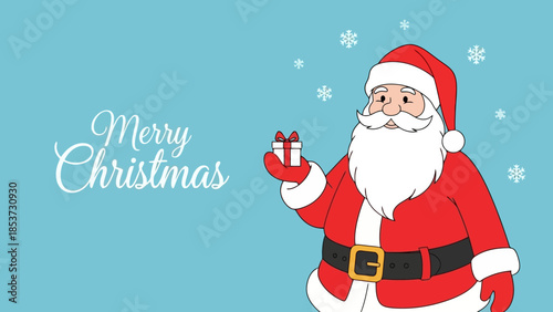 A cheerful vector illustration of Santa Claus holding a gift box with snowflakes falling, wishing Merry Christmas