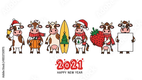 Cartoon Cows Celebrating 2021 New Year with Festive Elements