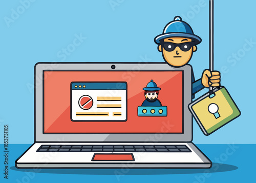 Hacker Stealing Login Credentials on Laptop Screen, Cybercrime and Phishing Attack Concept Illustration.